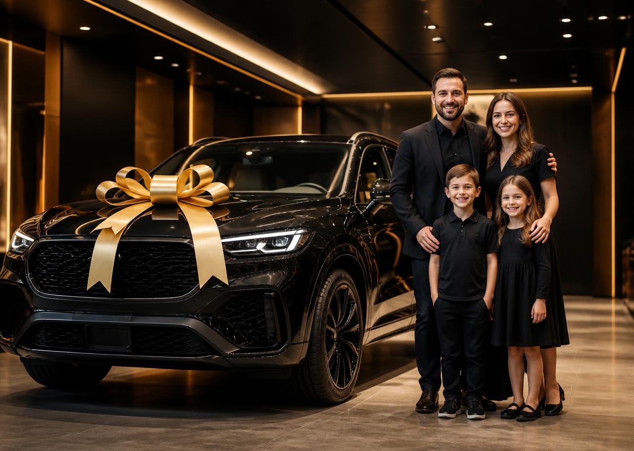 A smiling family taking delivery of their new vehicle at DAHAB AUTO